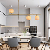 Asian Oblong Wood Chandelier with 3 Light-Beige Shades for Kitchen